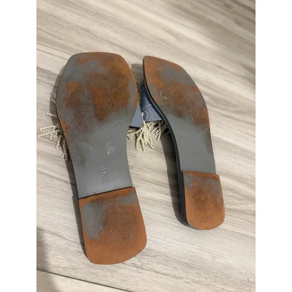 Zara Women's Light Blue Slides Sandals EU Sz 38 US Sz 7 Pearl Detailing Feminine - Picture 6 of 6